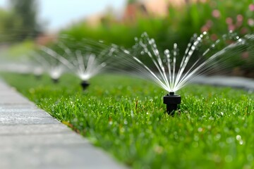 Efficient Water Conservation: Automatic Sprinkler System with Adjustable Heads for Green Grass in a Garden. Concept Efficient Water Conservation, Automatic Sprinkler System, Adjustable Heads