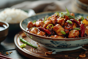 Surrounded by an array of spices and ingredients, Kung Pao Chicken, served in a rustic bowl, showcases its fiery flavor with fresh vegetables and chili, inviting diners to savor every bite. - obrazy, fototapety, plakaty
