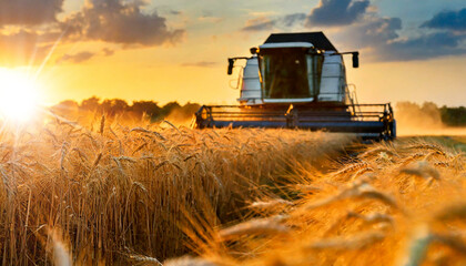 Close-up of a combine harvester in a golden wheat field at sunset or sunrise, ears of wheat in the foreground. Wheat harvest concept. Generative Ai.