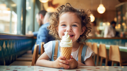 A joyful girl holds creamy ice cream in a waffle cone in her hands at a table in a cafe. Generated AI. - obrazy, fototapety, plakaty