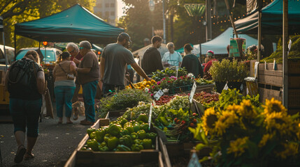 A local farmer's market bustling with activity as neighbors support local growers and artisans - happiness, joy, love, respect - obrazy, fototapety, plakaty