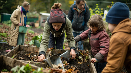 Families coming together to build a community composting system for organic waste recycling - happiness, joy, love, respect - obrazy, fototapety, plakaty