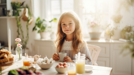 Obraz na płótnie Canvas A little girl eats a healthy breakfast in the kitchen with healthy products in the morning sunlight. Healthy nutrition concept for children. Generated AI. Cozy homely atmosphere