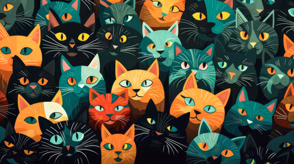 Colorful cat pattern. Creative collage of illustrated cats in various colors for design or wallpaper. Generated AI