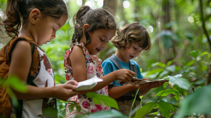 Children engaged in a nature scavenger hunt to explore and learn about their local ecosystem - happiness, joy, love, respect