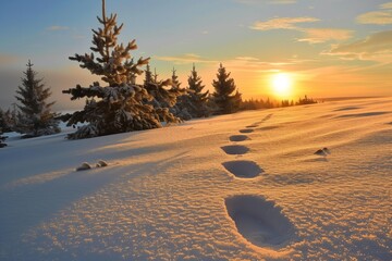 footprints leading to a snowy pine grove at sunrise - obrazy, fototapety, plakaty