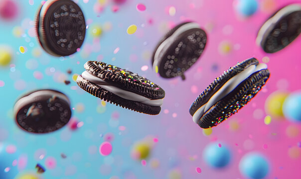 Close up of oreos flying in the air a colorful background, Generative AI