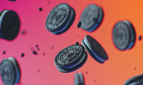 Close up of oreos flying in the air a colorful background, Generative AI