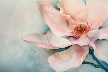Close-up of a random flower, rendered in hand-drawn style with pastel watercolors, capturing the essence of soft, morning light.