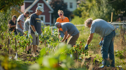 Neighbors collaborating on a community orchard project to plant fruit trees for all to enjoy - happiness, joy, love, respect