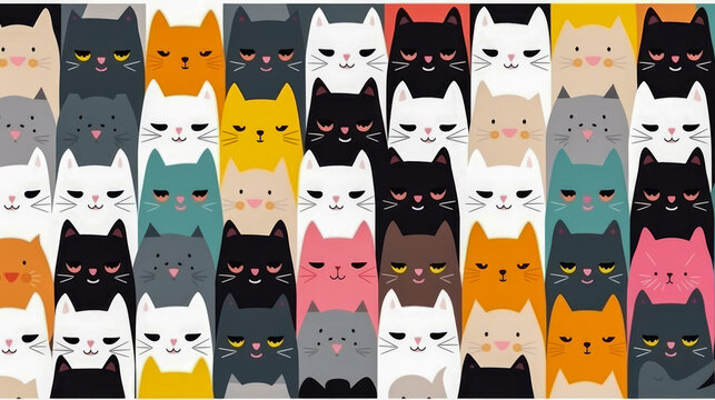 Colorful cat pattern. Creative collage of illustrated cats in various colors for design or wallpaper. Generated AI