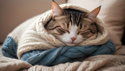 A Sleepy Cat Snuggled Up In A Cozy Sweater