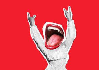 Stylish trendy collage of modern art. Crazy celebrate - mouth screams, giving a sign of rock and...