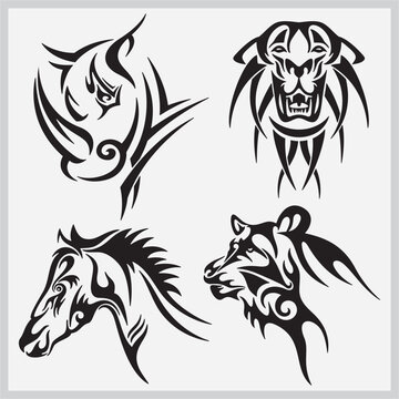 Tribal animals vector illustrations set, great for vehicle graphics, stickers and T-shirt designs. Cartoon mascot characters, ready for vinyl cutting. Rhinoceros, tiger, horse, bear.