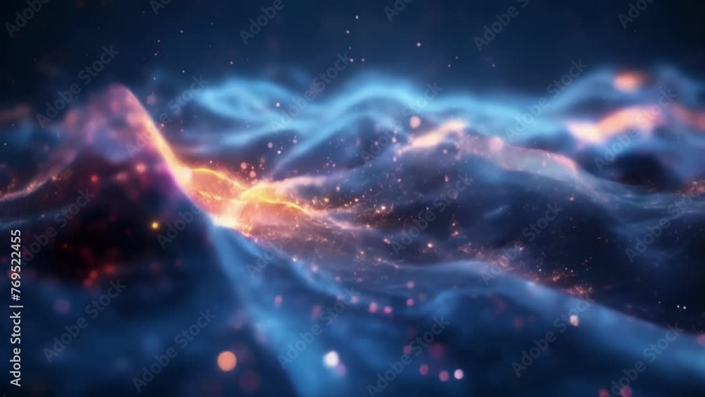 Poster a wave of energy rippling through a void with tiny particles appearing and disappearing at random sh