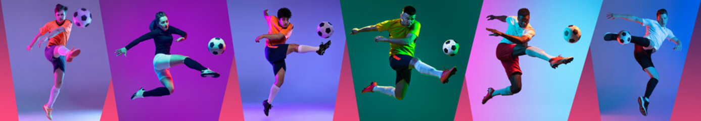 Collage. Dynamic images of different young people, football players in motion during game against multipored background in neon light. Concept of professional sport, competition, championship, game