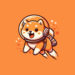Happy Shiba Inu astronaut in space, with an orange background.