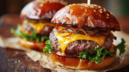 Two Cheeseburgers on Wooden Table