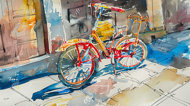 Close-up of a whimsical bicycle, captured in watercolor and hand-drawn, reflecting the vibrancy of alley life.