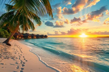 Beautiful seascape tropical beach with white sand, palm tree and bungalow, turquoise water of ocean on sunset. Summer vacation background