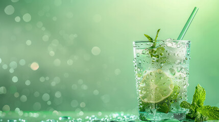 Refreshing Mint Lime Water in Glass - obrazy, fototapety, plakaty