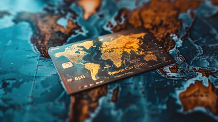 A credit card lies atop a stylized world map, symbolizing the ease of global travel and international financial transactions.
