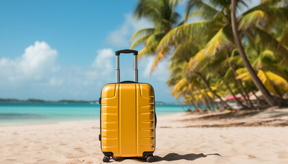 Suitcase on the beach background. Yellow travel luggage on white tropical sand near sea ocean. Summer holidays. Vacations trip. Summertime journey trip. Travel agency. Honeymoon weekend. Travel bag
