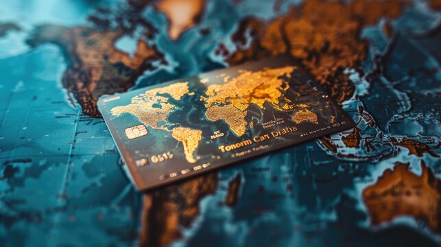A credit card lies atop a stylized world map, symbolizing the ease of global travel and international financial transactions.
