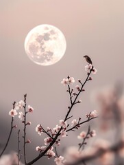 An empty branch with several blooming peach blossoms, and in front stands a small bird on it. The background is a large round moon hanging high above the sky