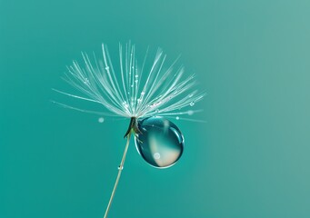 macro photo of a water droplet on a dandelion seed, teal background, vibrant colors, in the style of nature