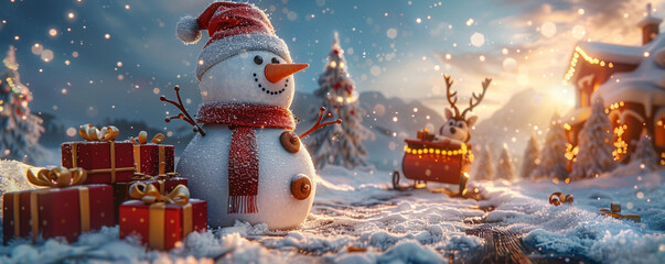 A festive scene of a snowman and a reindeer with a sleigh full of presents - obrazy, fototapety, plakaty
