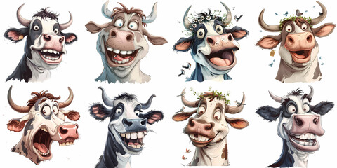 Set of crazy funny Cow Illustration Clipart, generated ai
