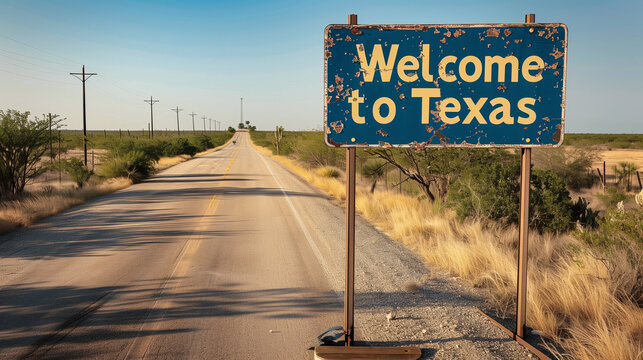 Weathered Welcome to Texas sign beside a quiet rural road under a sunny sky.