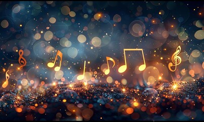 Festive background with musical notes and glowing lights - obrazy, fototapety, plakaty