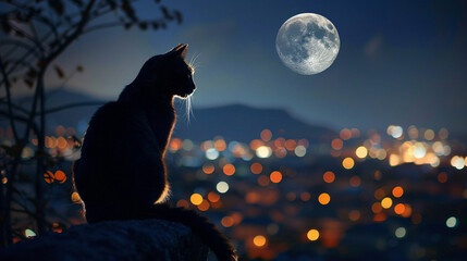 Daring cat burglar, outlined against a backdrop of distant city lights, the moon casting a silvery sheen over its fur. - obrazy, fototapety, plakaty