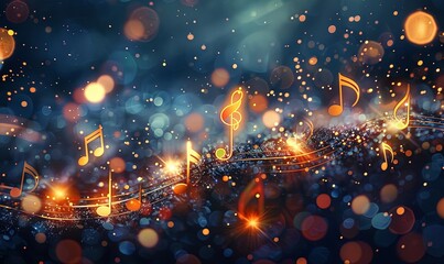 Festive background with musical notes and glowing lights - obrazy, fototapety, plakaty