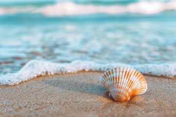 Fototapeta na wymiar Seashell Resting on Sandy Beach by Ocean