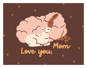 Happy Mother's day, greeting card design with sheep mom and baby. Holiday postcard background, adorable sweet farm animal, mommy and cute lamb cub, love phrase, quote. Flat vector illustration