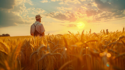 Man looking at sunset in wheat field