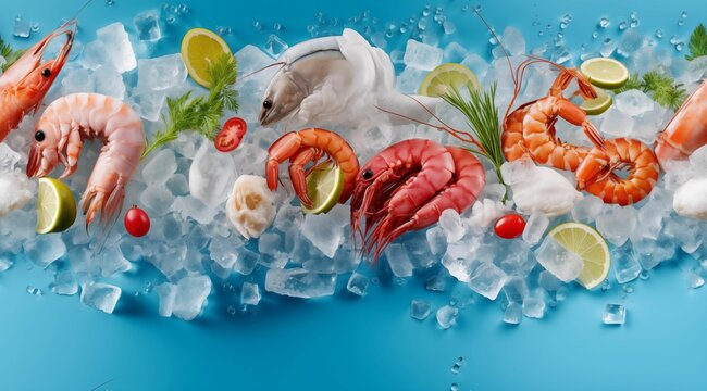 Seamless pattern. A photograph of raw meat, fish and seafood on ice cubes against a light blue background