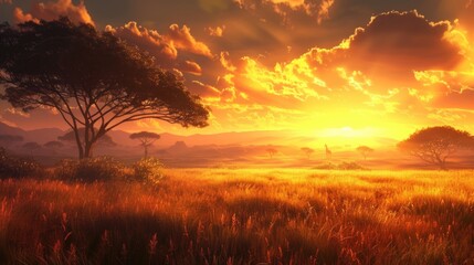 Obraz premium Fantasy African landscape of the beautiful sunrise in savannah