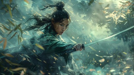 Female fantasy action hero in cinematic shot wielding a sword in Asian drama - obrazy, fototapety, plakaty