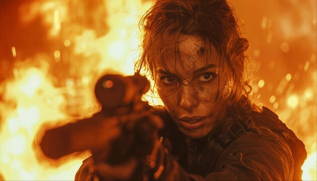 Cinematic shot of female action hero with weapon, fire and smoke in the background