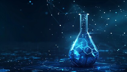 Blue Chemical Experiment, Glass Flask with Formula on Dark Background - obrazy, fototapety, plakaty