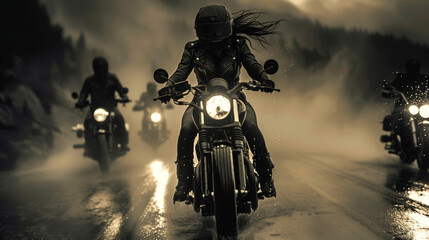 black motorbike, women black clothes - obrazy, fototapety, plakaty