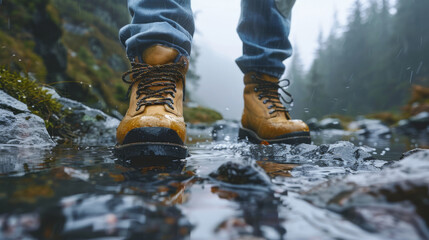 Hiking along a mountain stream. A man in hiking boots walks along a mountain stream against the backdrop of a beautiful forest.