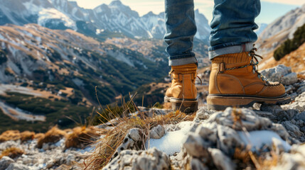 Los pies con botas de montaña se encuentran en una alta montaña. Concepto de senderismo y libertad. Fondo para el diseño. - obrazy, fototapety, plakaty