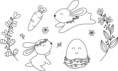 Easter traditional symbol collection. Bunny, egg, basket and flower. Outline vector illustration.