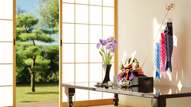 爽やかな光が差す和室に置かれた兜飾りと鯉のぼり / こどもの日・端午の節句・日本の伝統行事のモーションイメージ / 3Dレンダリング