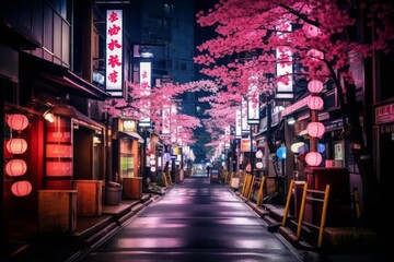 A bustling street scene in Tokyo, Japan, captured during a vibrant summer evening. Neon lights illuminate the street between towering skyscrapers and traditional lantern-lit alleyways. - obrazy, fototapety, plakaty
